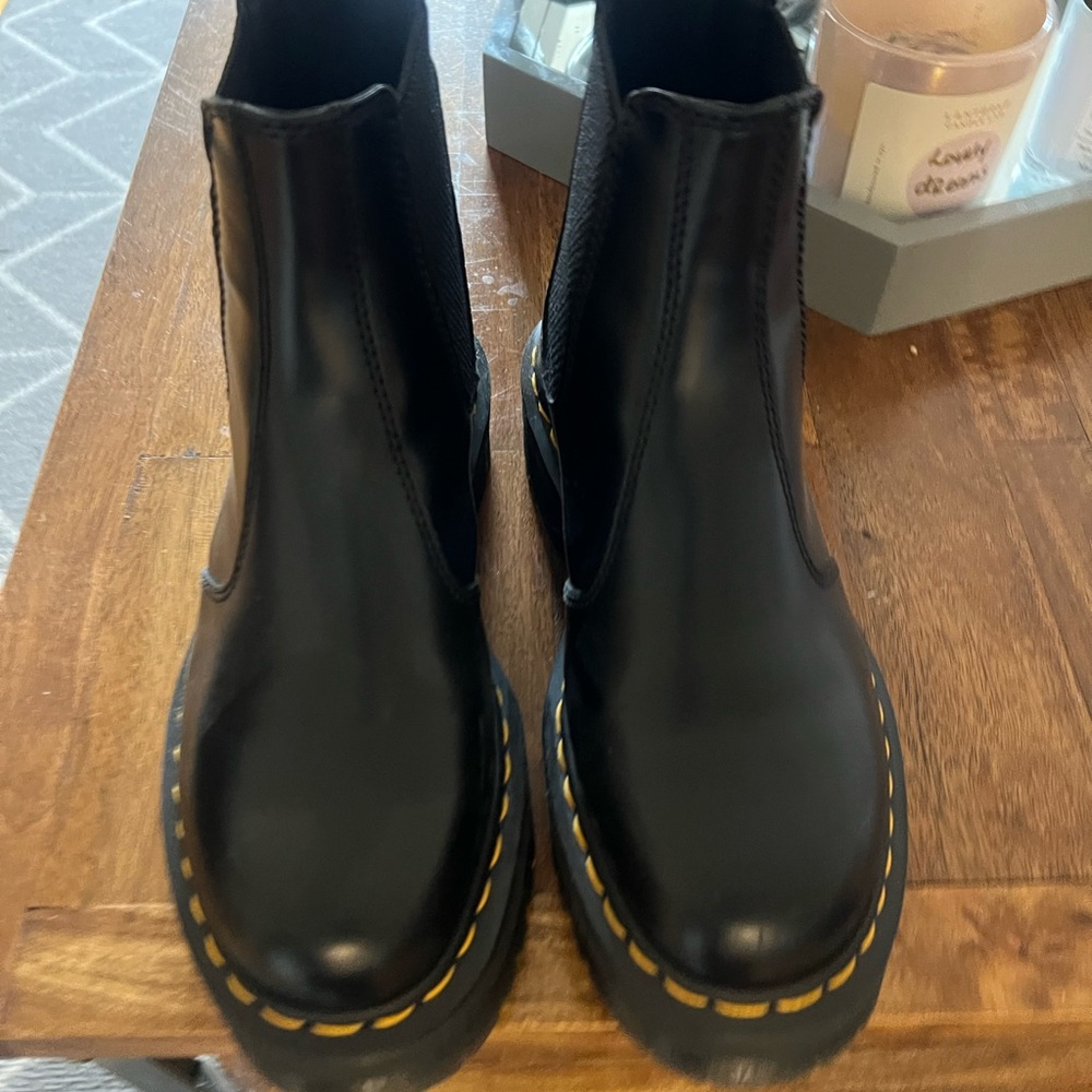 Black Leather Boots with Yellow Stitching